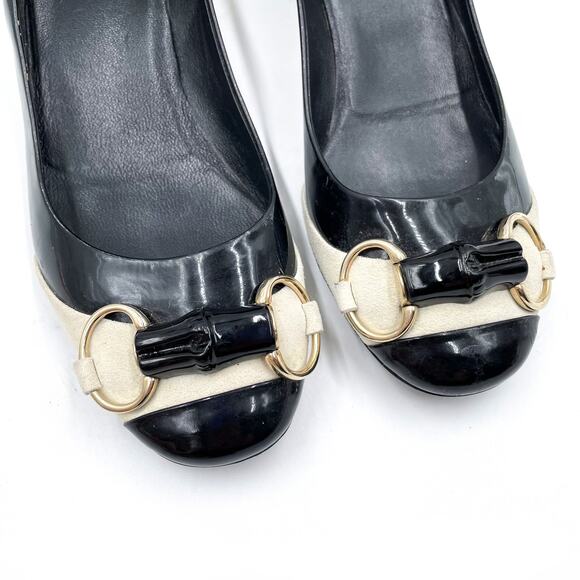 Gucci Patent Leather Pumps Black White Suede Bamboo Horsebit Low Heel Sz 37 / 7 - Picture 4 of 10